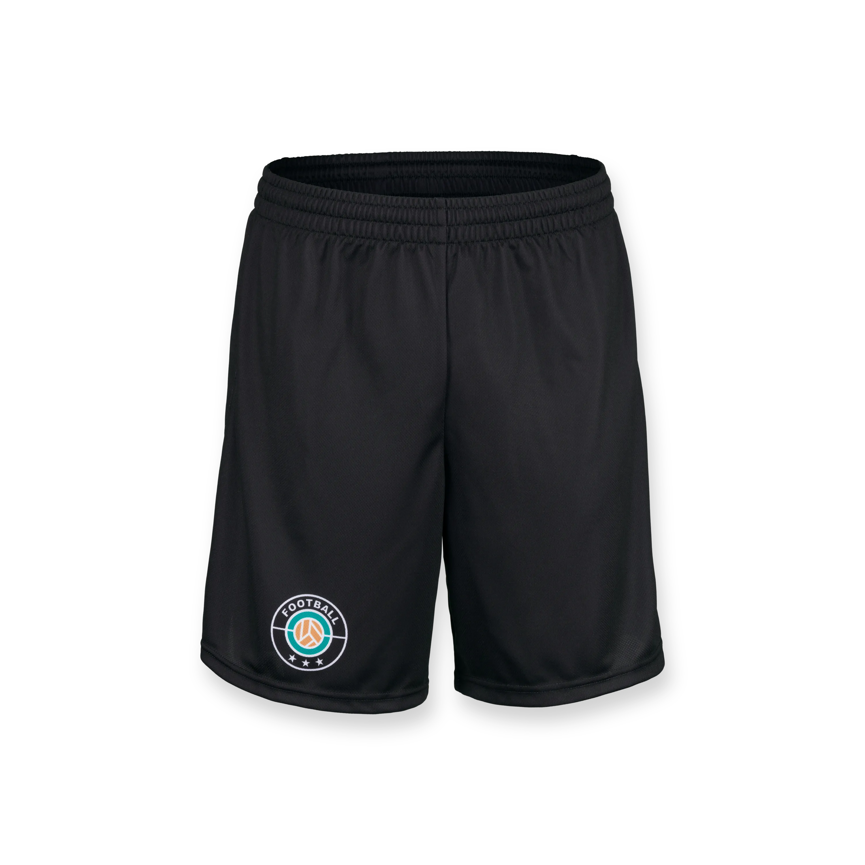 Zwarte sportshorts met een elastische tailleband en een logo aan de linkerkant.