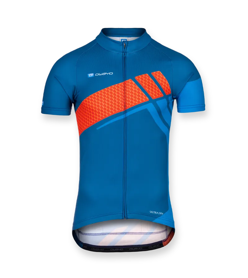 Een blauw-oranje heren fietsshirt met korte mouwen, rits en het owayo-logo op de borst.