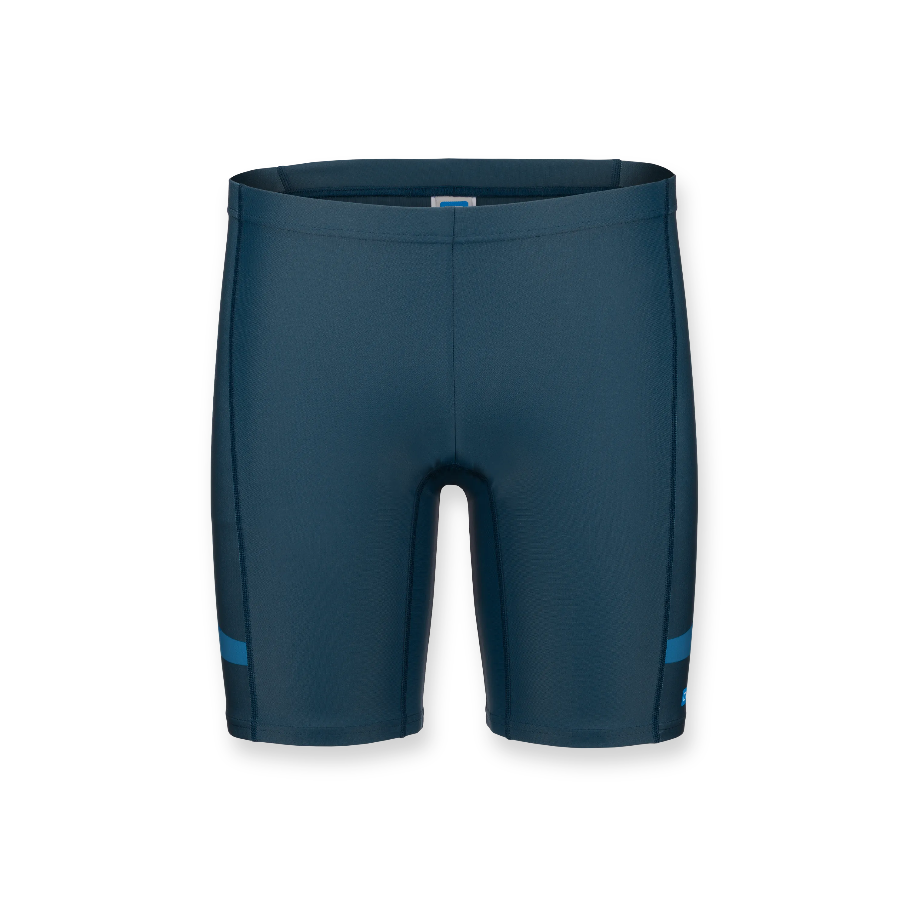 Donkerblauwe, strakke sportshorts met blauwe accenten aan de zijkanten.