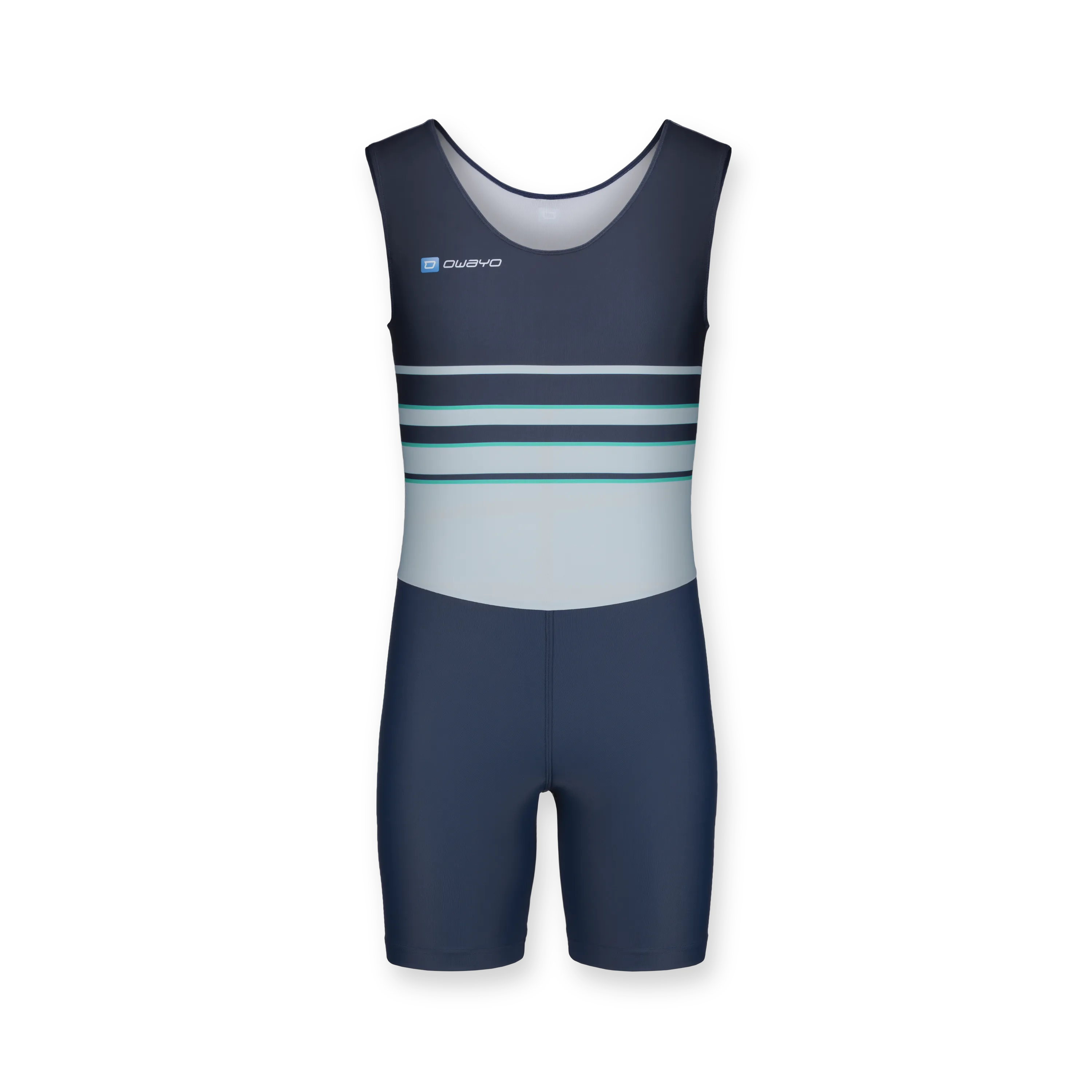 Een mouwloos sportpak in marineblauw met horizontale strepen in lichtblauw en groen op de bovenkant.