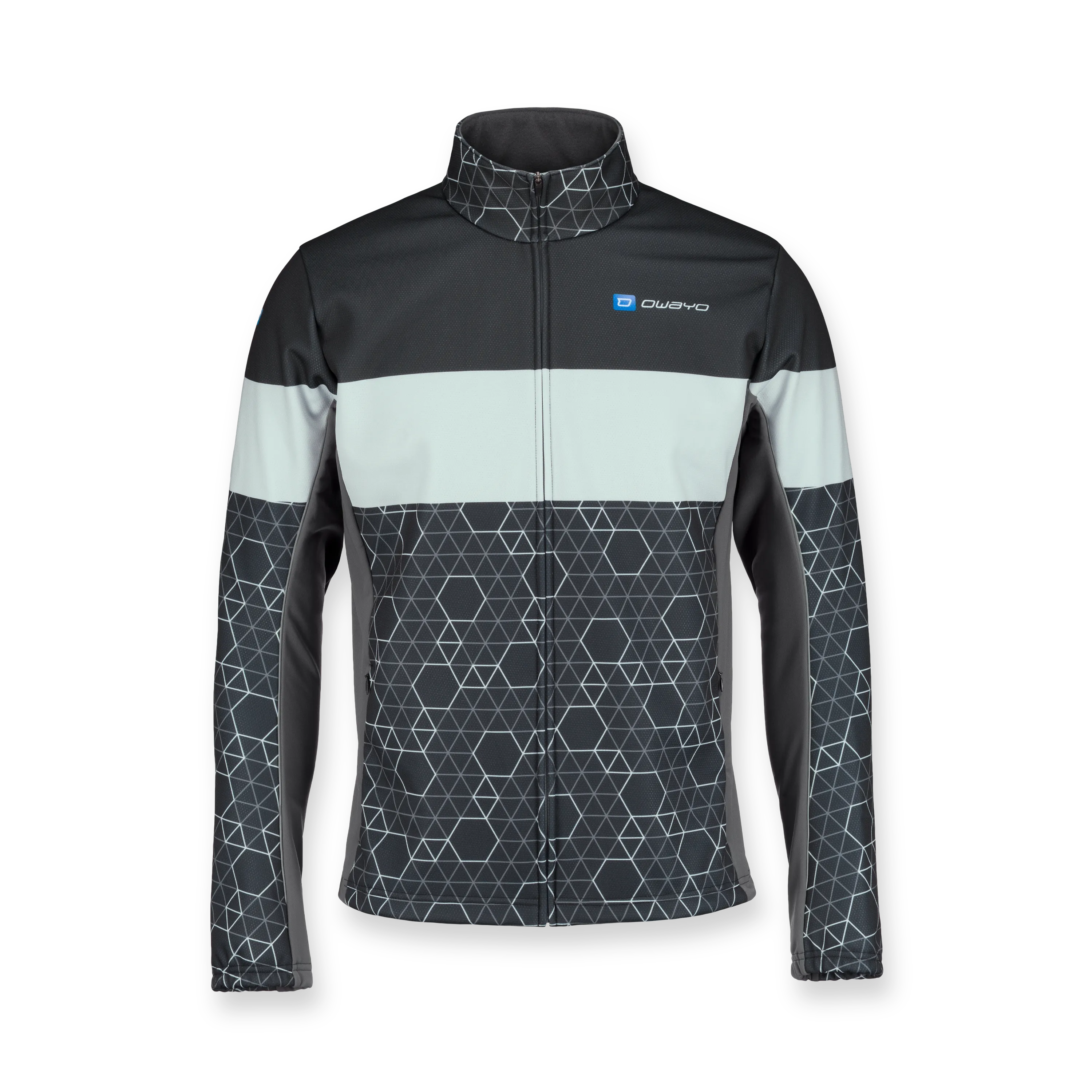 Zwarte sportjack met geometrisch design en opstaande kraag.