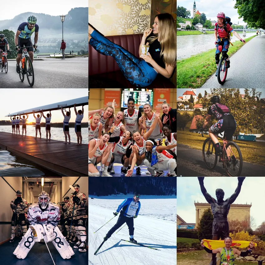 Een collage van negen afbeeldingen toont verschillende personen in verschillende sporten, waaronder fietsen, basketbal, langlaufen en mountainbiken, die sportkleding van owayo dragen.