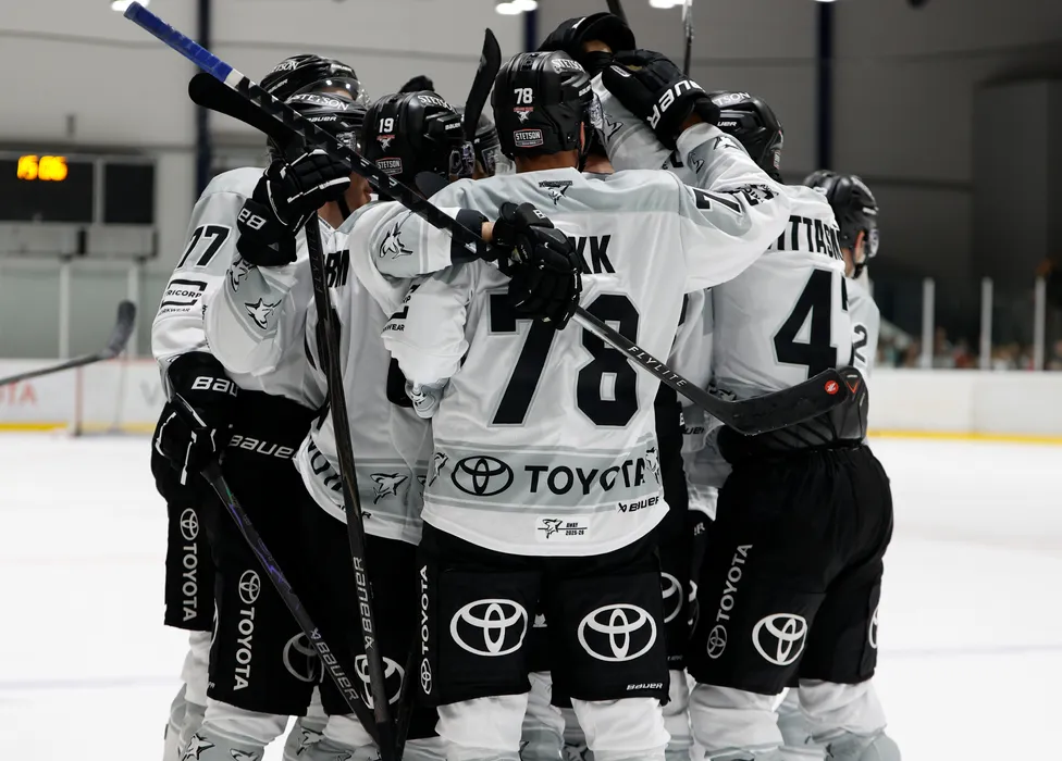 Hockeyspelers in witte shirts met zwarte accenten en het Toyota-logo vieren op het ijs.
