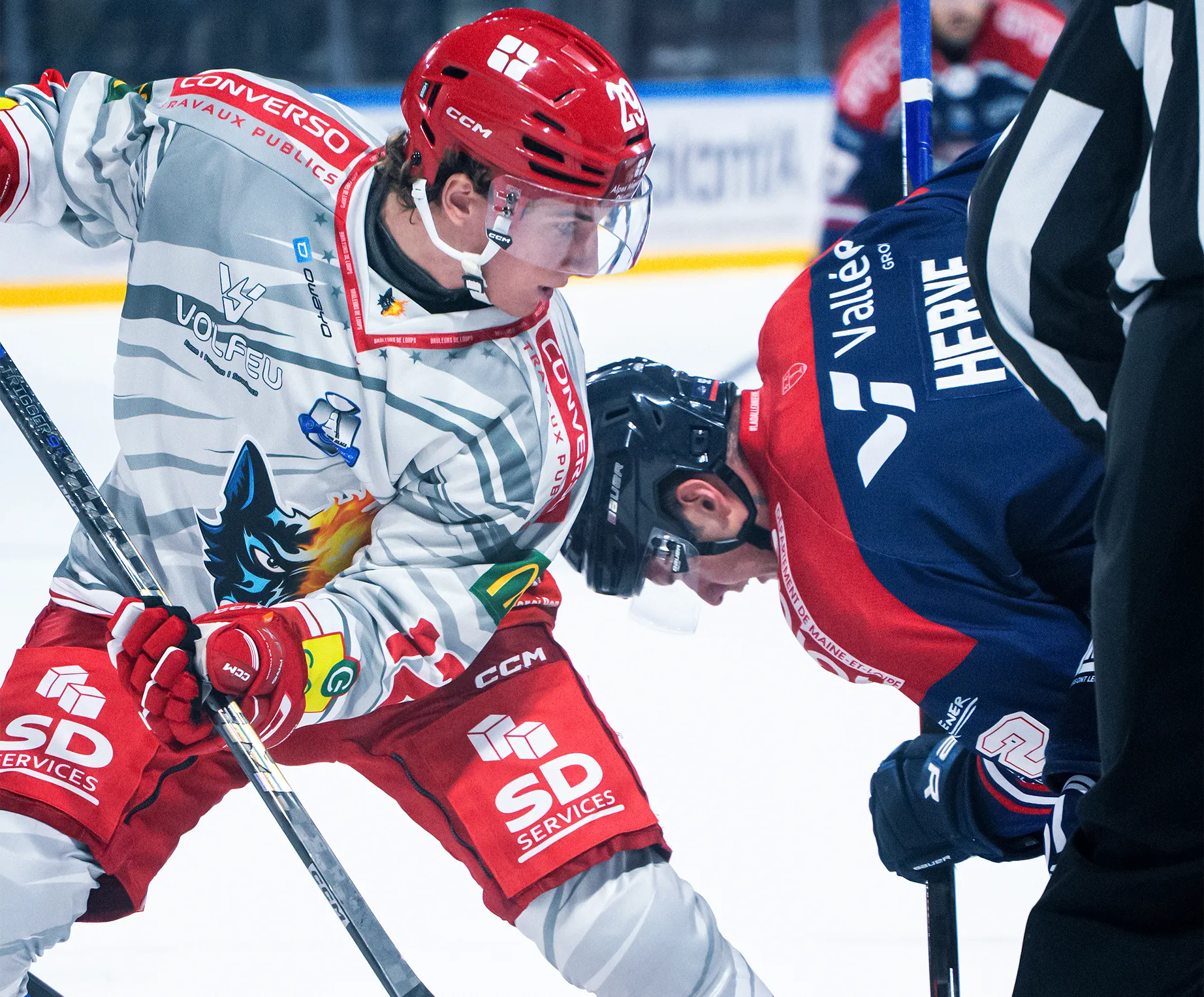 Twee ijshockeyspelers staan tegenover elkaar, klaar voor een face-off, de één draagt een grijs en rood shirt met een wolfontwerp.