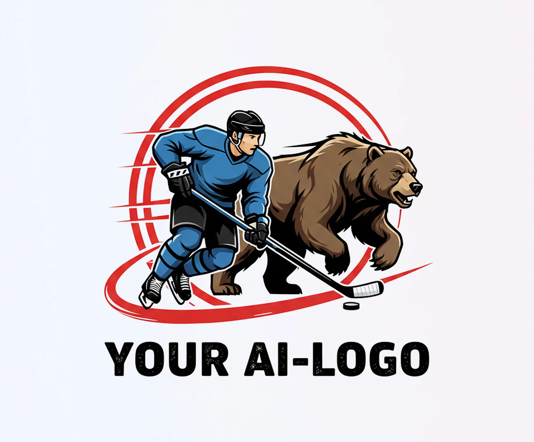 Een hockeyspeler in een blauw shirt schaatst met een stick naast een beer.