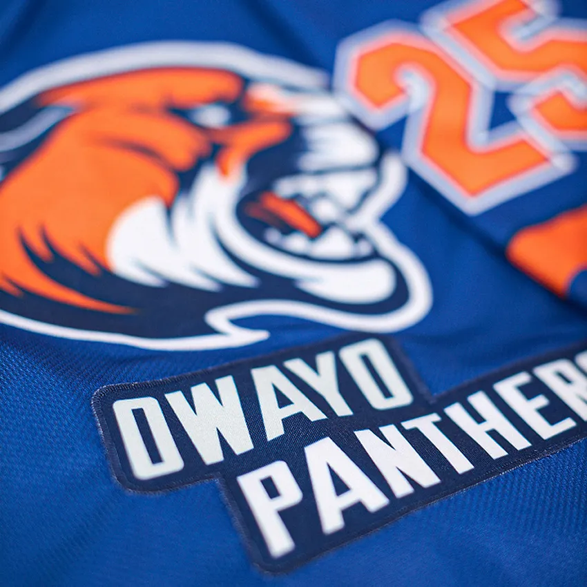 Close-up van een blauw sportshirt met een tijgerlogo en het nummer 25.
