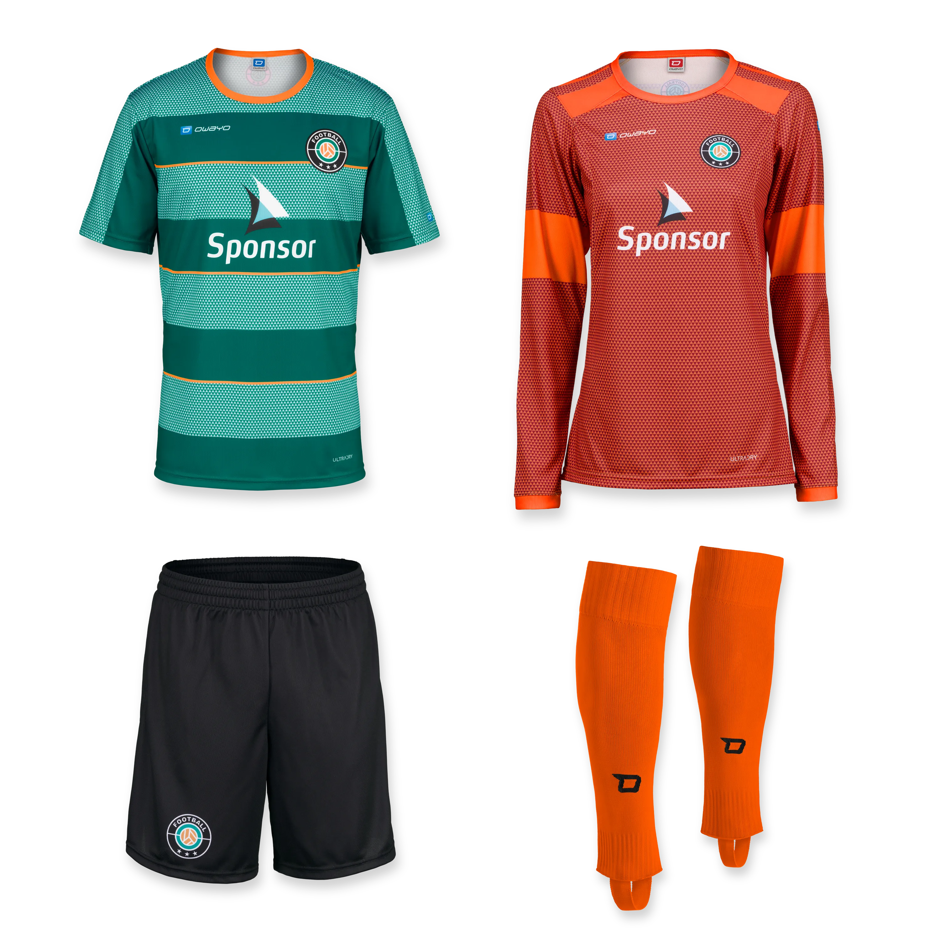 Alle producten Een set van twee voetbalshirts, een zwart paar shorts en een paar oranje sokken, alles in verschillende kleurcombinaties.