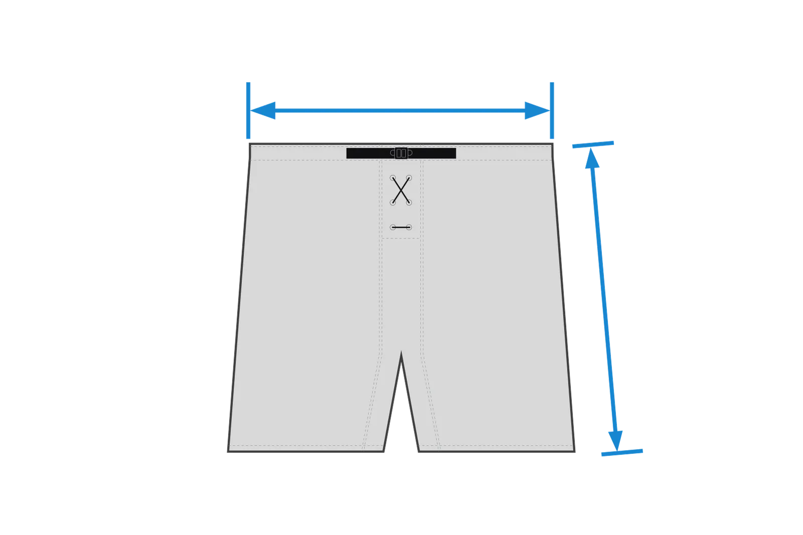 Een grafische weergave van sportshorts met meetlijnen voor breedte en lengte.