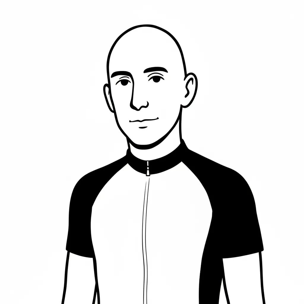 Een zwart-wit tekening van een man in een sportief, tweekleurig shirt met rits.