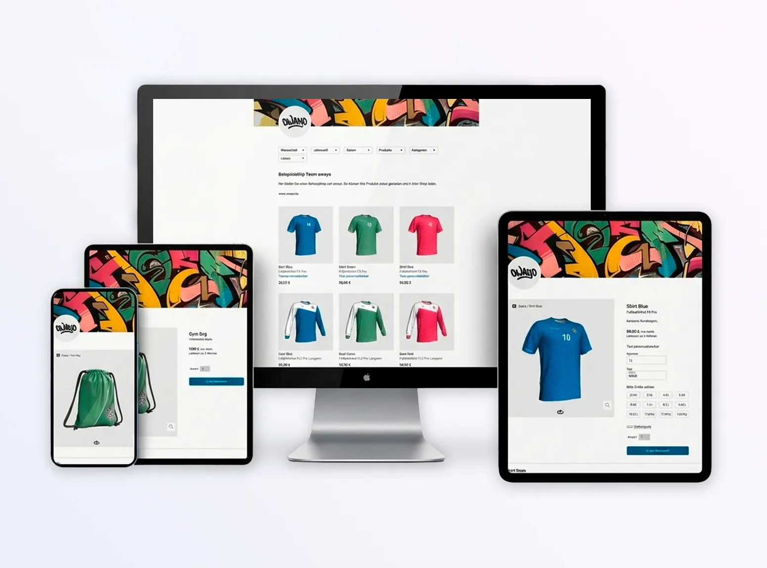 De owayo-website wordt weergegeven op een desktopcomputer, tablet en smartphone, met sportkleding en -uitrusting.