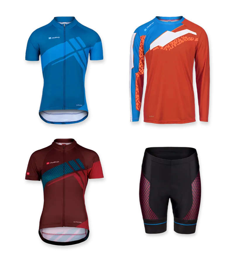 Alle producten Overzicht van vier verschillende owayo fietspakken en een fietsbroek, waaronder een blauw korte mouwen jersey, een oranje lange mouwen jersey, een donkerrood korte mouwen jersey en een zwarte fietsbroek met rode en blauwe accenten.