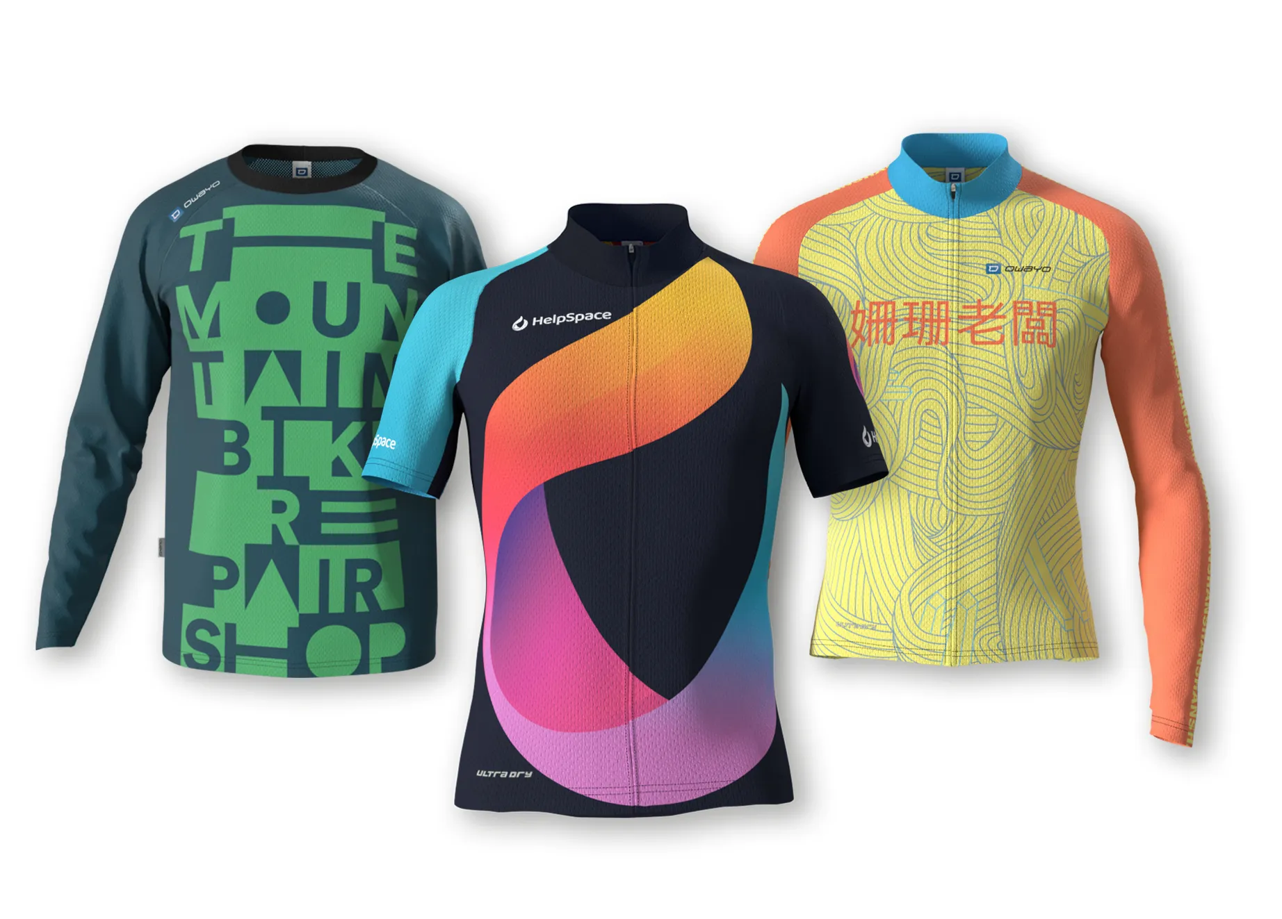 Drie aangepaste sportkledingstukken van owayo: een langarmig donkerblauw shirt met een groen 'MOUNTAIN BIKE REPAIR SHOP'-ontwerp, een korte mouw donkerblauw shirt met een kleurrijke abstracte gradientontwerp in oranje, roze en paars, en een langarmig geel shirt met een blauw lijnpatroon en Chinese karakters.