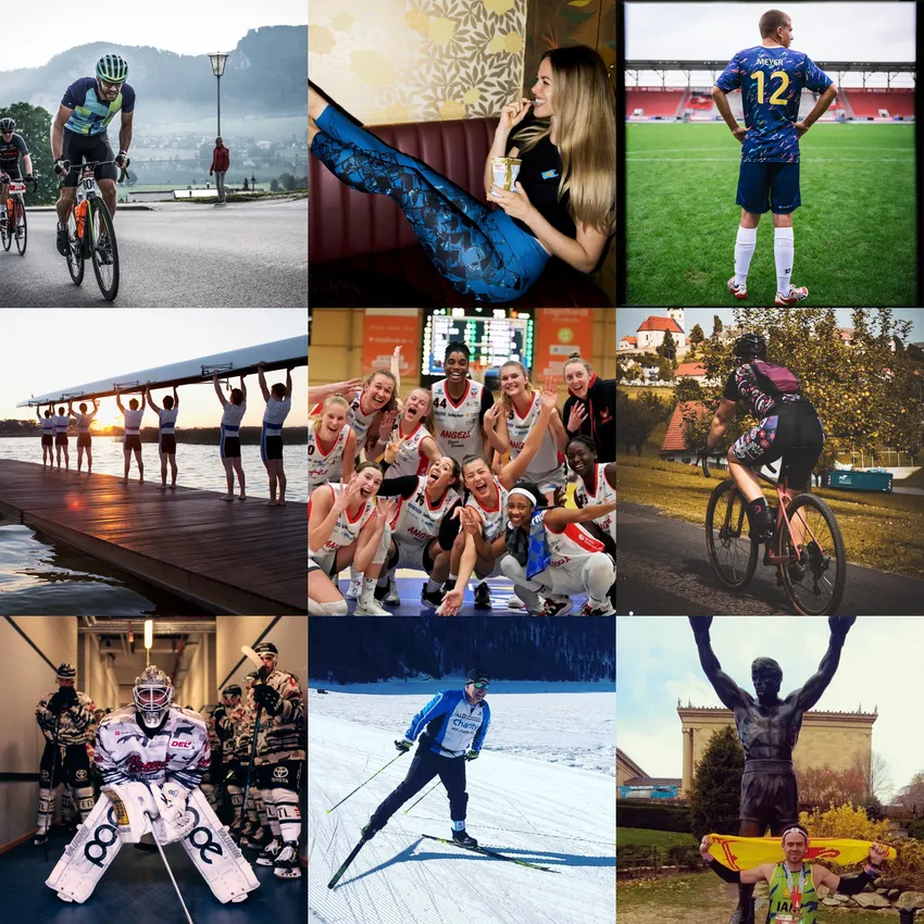 Een collage van atleten in verschillende activiteiten, waaronder fietsen, basketbal, roeien en langlaufen, die op maat gemaakte sportkleding dragen.