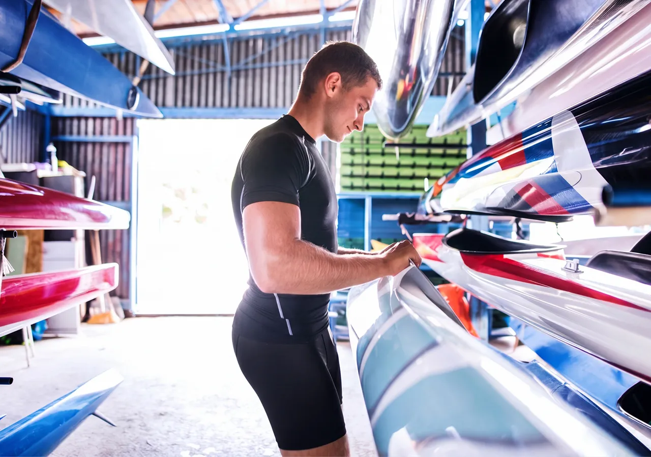 Een man in een aansluitend zwart sportshirt en shorts die een roeiboot in een opslagruimte bekijkt.