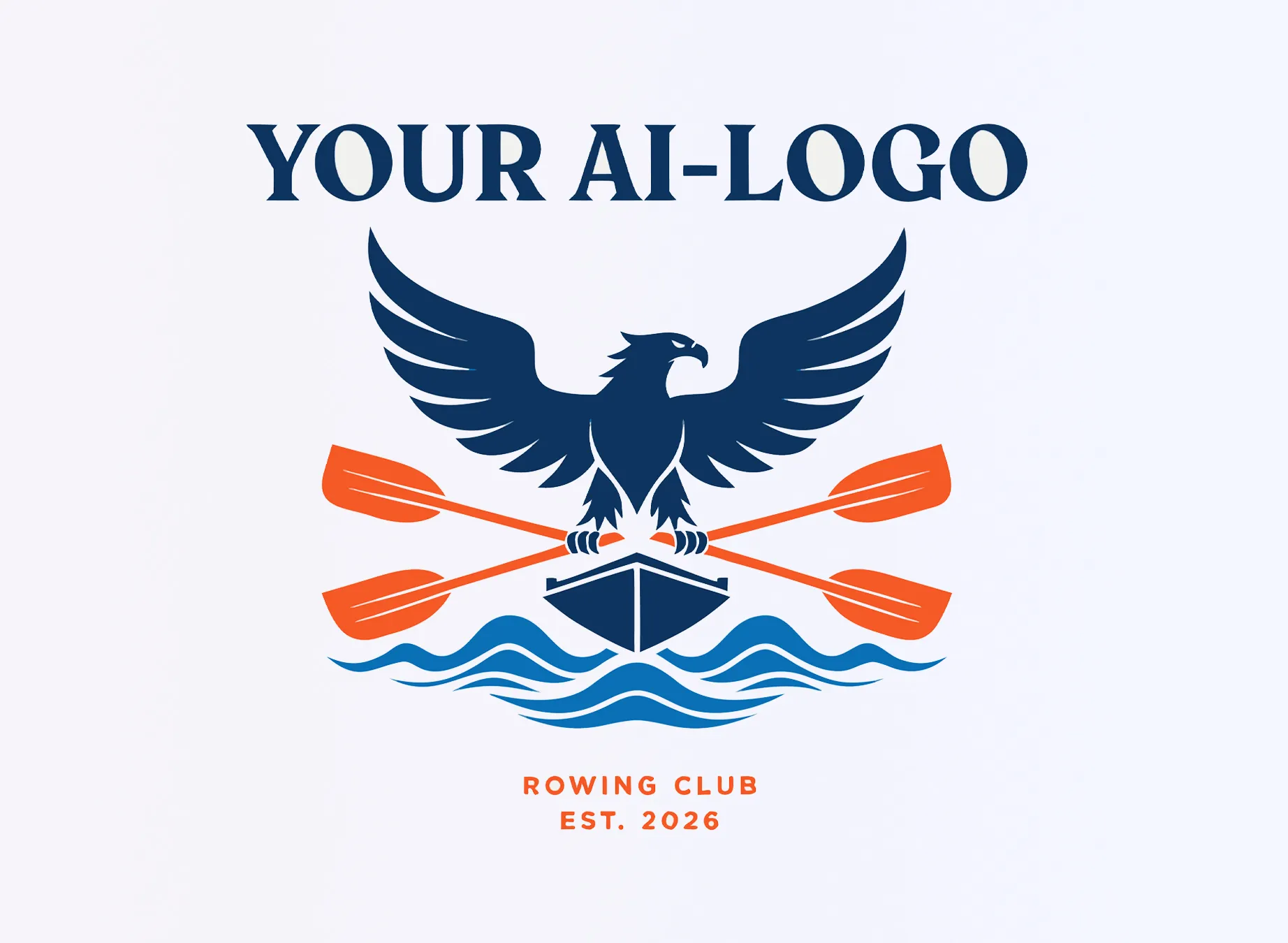 Een logo met een adelaar boven een boot en roeispanen, met golven op de achtergrond en de tekst 'YOUR AI-LOGO' erboven.
