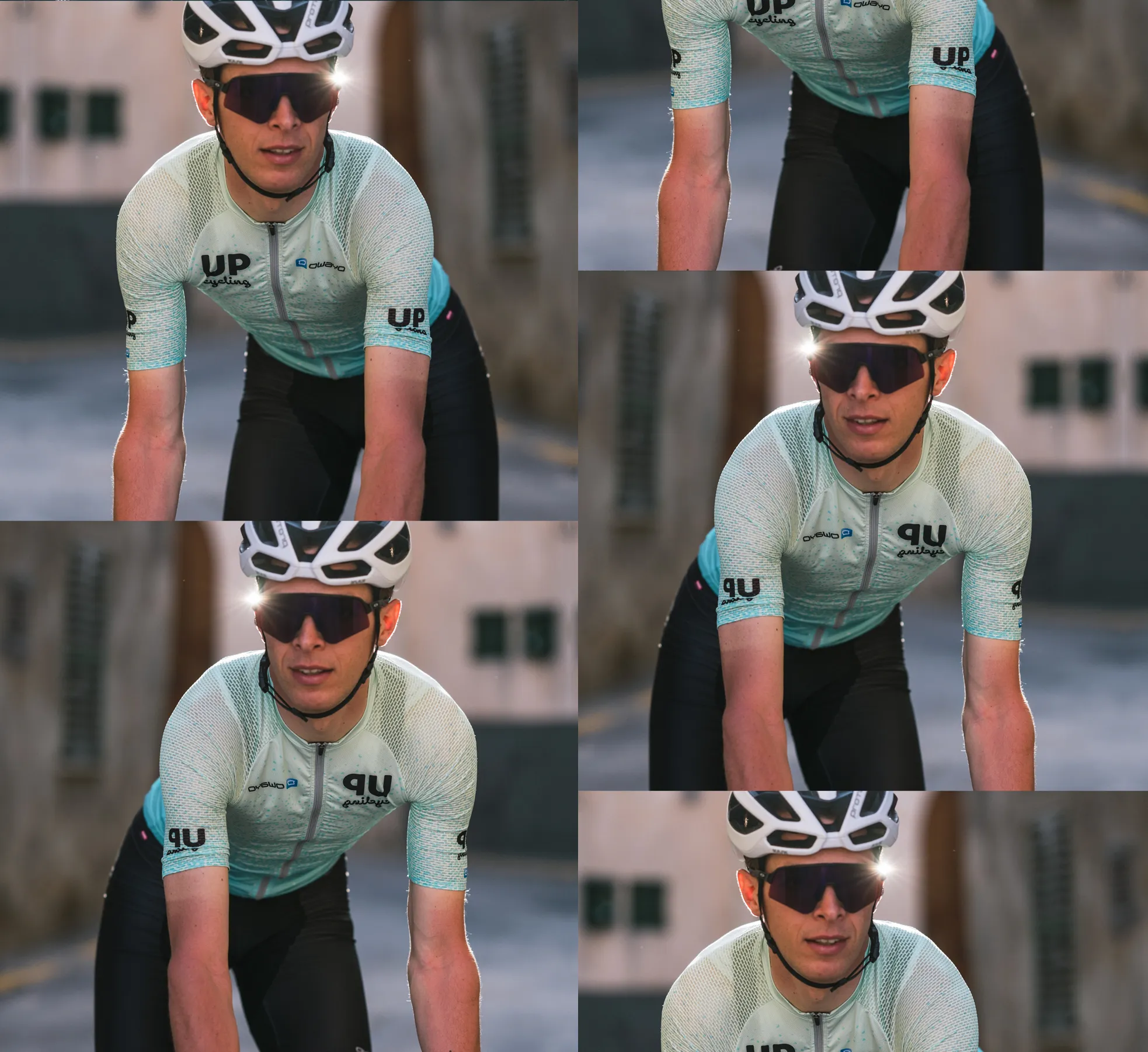 Een fietser in een aangepast lichtblauw tricot met het logo 'UP cycling' en 'owayo' op de borst, die op een straat fietst.