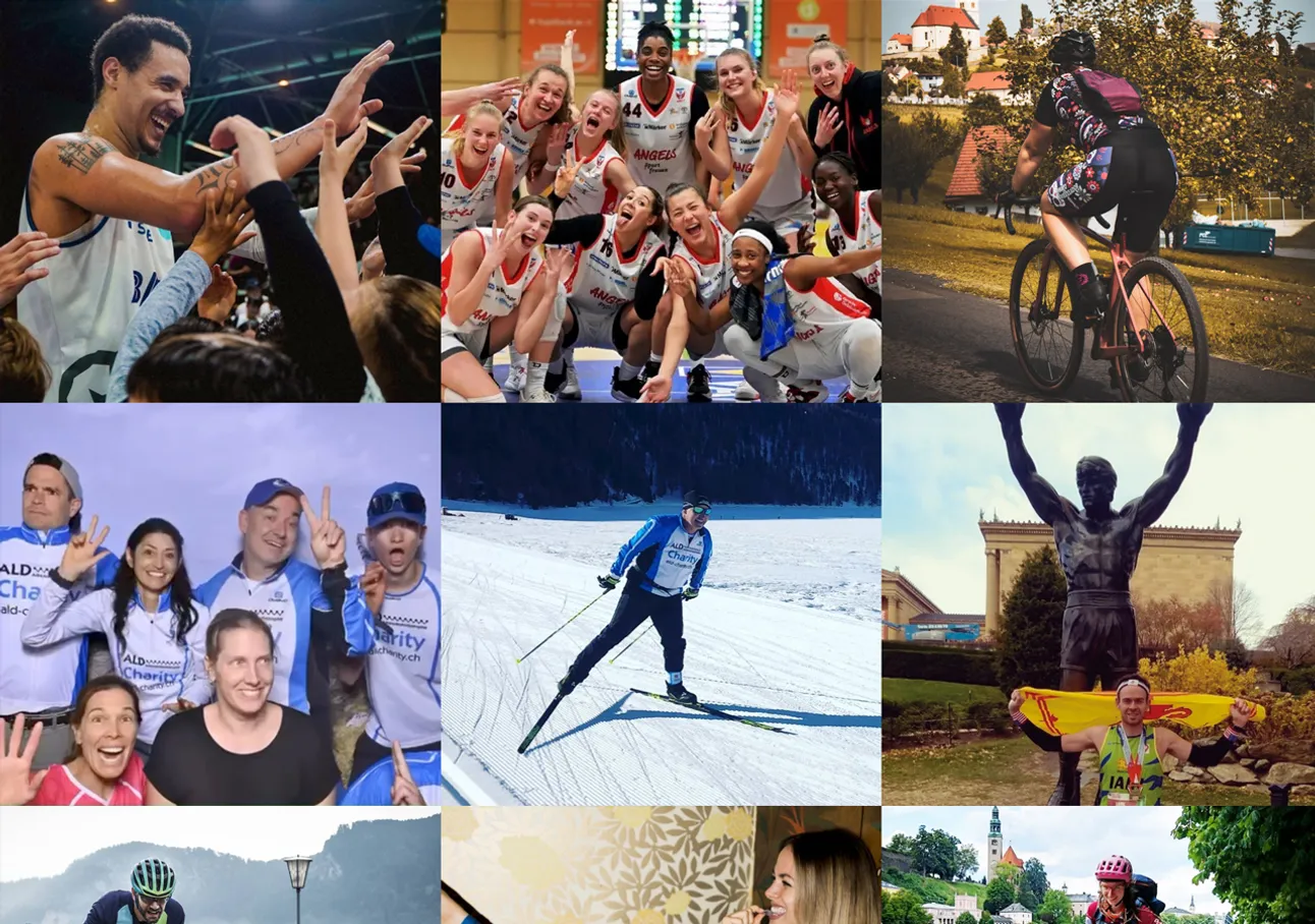 Collage van negen foto's met diverse atleten en teams in actie, waaronder basketbal spelers, basketbal spelers, fietsers, skiers, een groep bij een liefdadigheidsevenement en een persoon met een medaille voor een standbeeld.